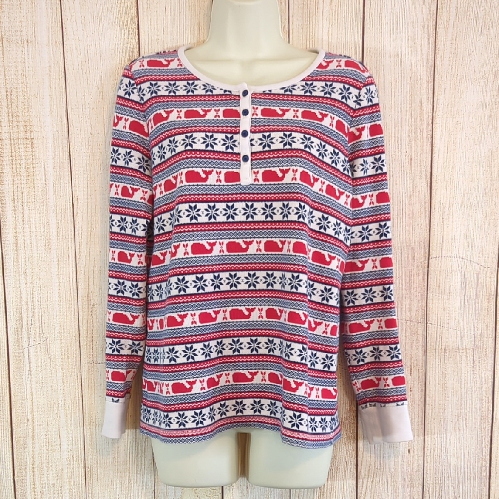 Women's Vineyard Vines Henley Snowflake Whale Patterned Long Sleeve Sleeve Top